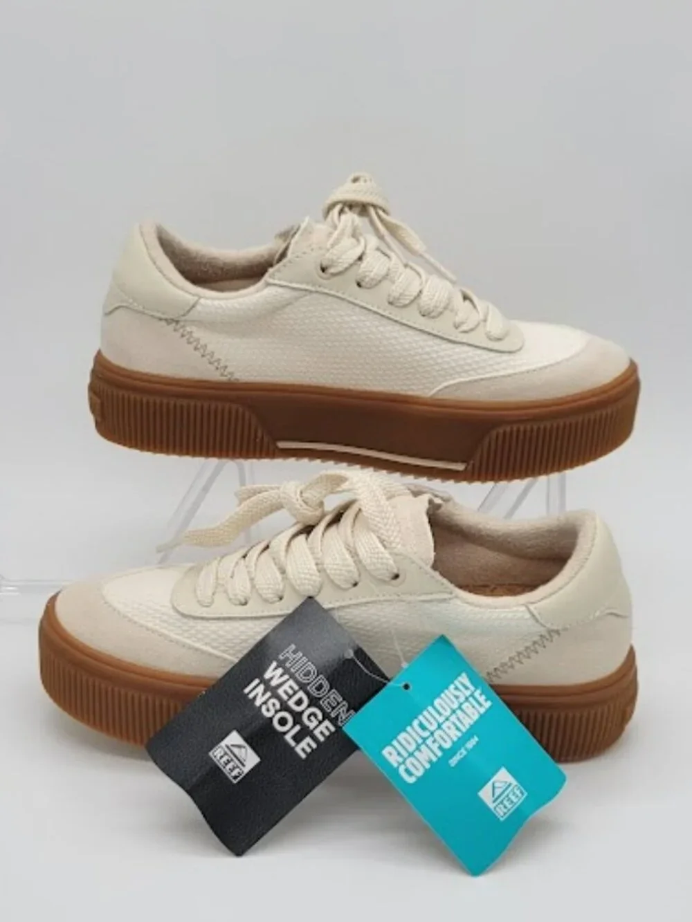 REEF Lay Day Lift Women’s Platform Sneakers Cream Gum Leather Size 7 NWOB